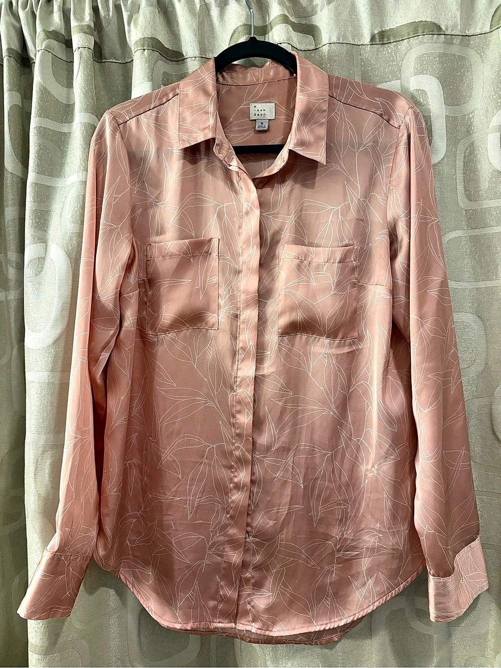 a new day Satin Long-Sleeve Button-Down Blouse Pink Medium